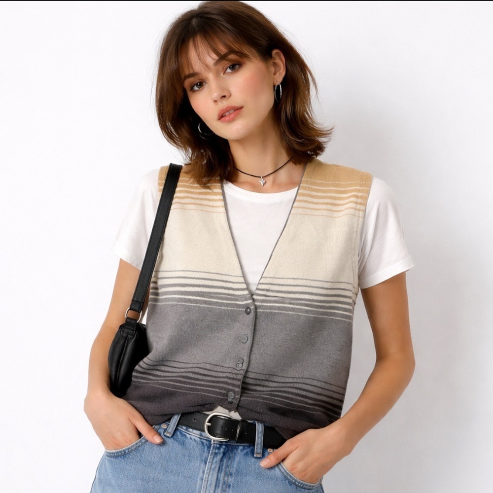 Vintage 90s Lizsport Sweater Vest Cream Mustard Gray Stripe Cotton Small Petite